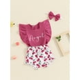 thumbnail image 5 of Suagox Toddler Girls 3Pcs Clothes Set  Summer Outfits Letter Print Ruffles Sleeveless Tank Tops Lemon/Cherry Print Shorts Headband for 3-24 Months and 2-3 Years Old Baby, 5 of 10