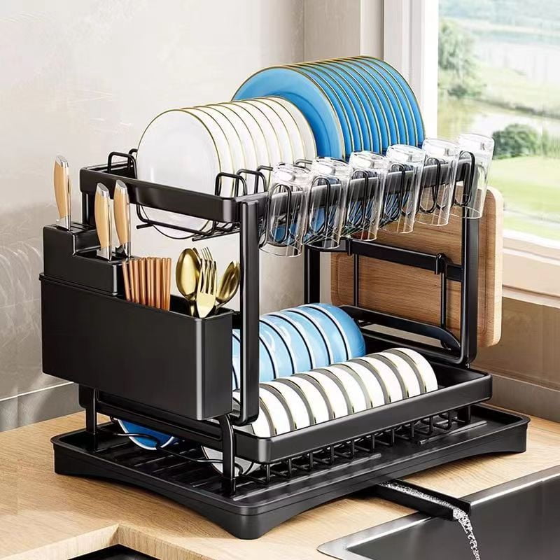 Dish Drying Rack - Stainless Steel Dish Rack for Kitchen Counter, 2-Tier Kitchen Organizers and Storage Rack with Drainboard and Cutlery Holder, Large, Black