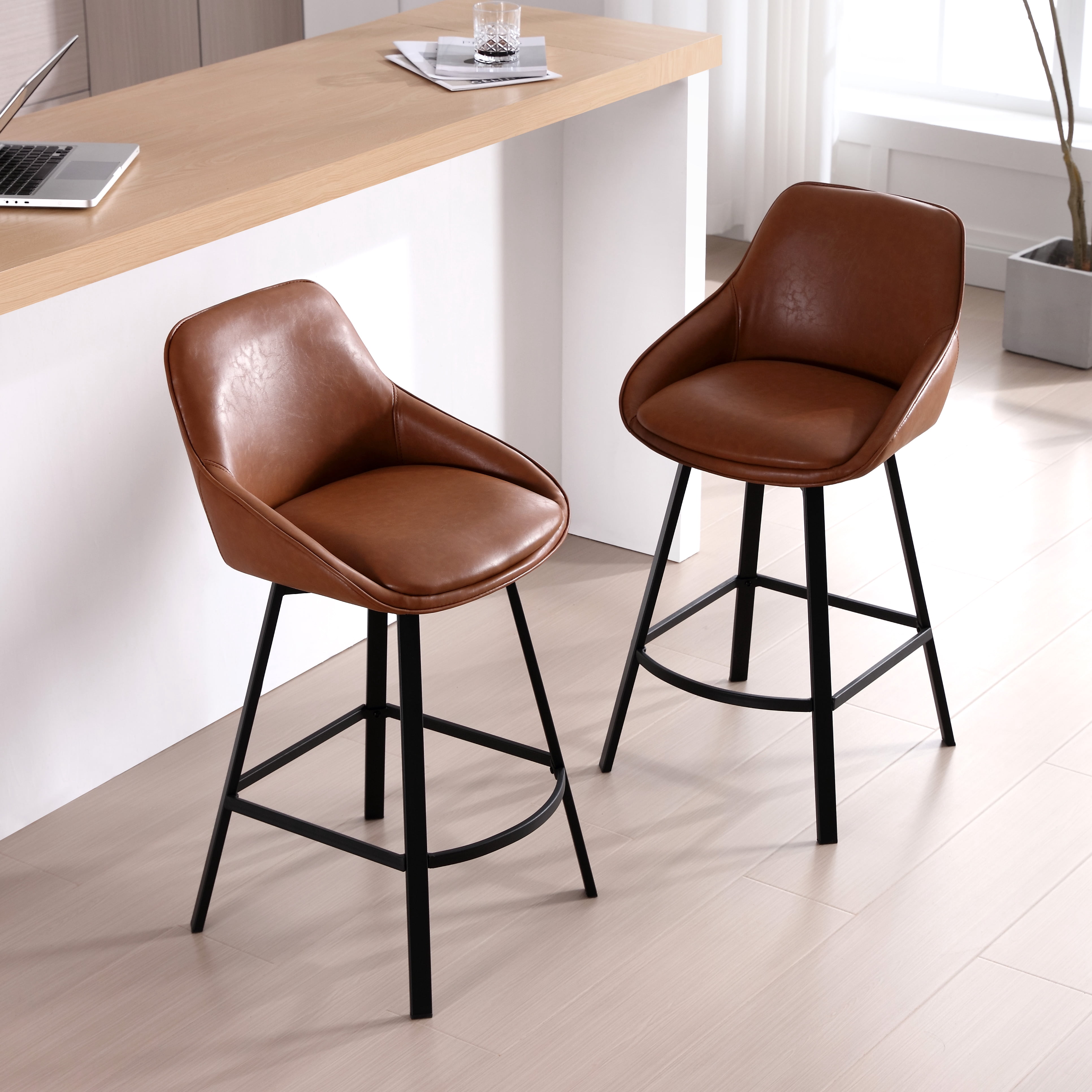 Zesthouse 25.6" Swivel Counter Height Bar Stools Set of 2, Modern Counter Height Chairs with Backs and Metal Legs, Upholstered Faux Leather Barstools for Kitchen Island, Brown