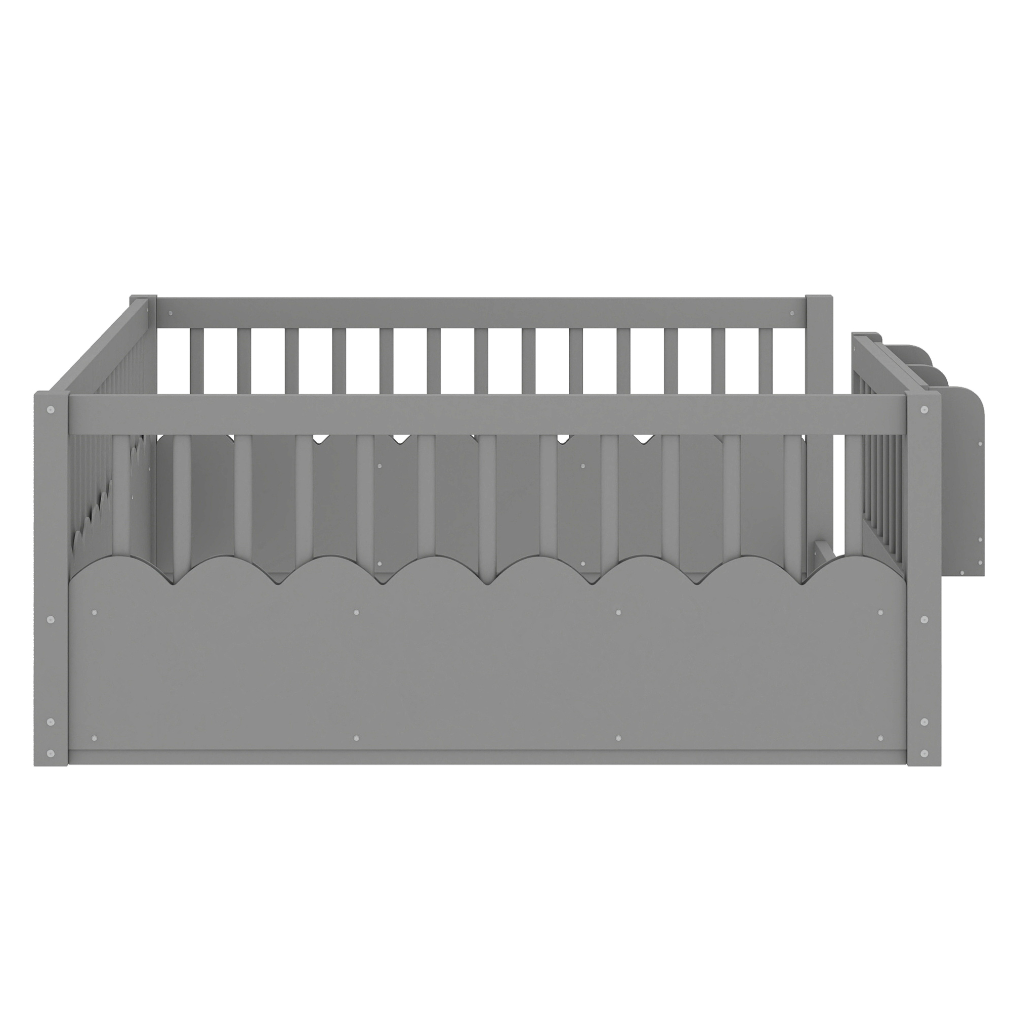 Mintazer Full Montessori Floor Bed with Bookshelf & Heightened Fence, Kids Wood Floor Bed for Boys and Girls, Gray