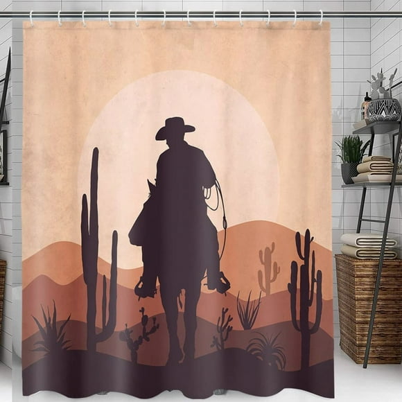 Wild West Cowboy Shower Curtain - Rustic Country Horse Riding Decor with Minimalist Mountain Cactus Moon Bohemian Aesthetic, 12 Hooks Included, 70x70