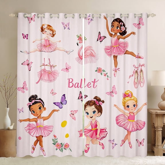 Manfei Cute Ballet Girl Curtains Pack of 2 (42x84 Each) for Child, Dance Princess Curtains Blackout, Pink Butterfly Bedroom Curtains, Luxury Bedroom Decor