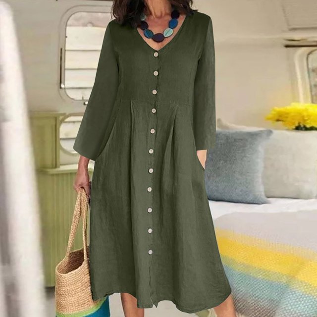 Gspmoly Robes d'Été pour Femmes 2025, Mode Femmes Robe à Col en V Uni à Manches Longues Boutonnée Décontractée Longueur Genou Robes Formelles pour Femmes Économies d'Été