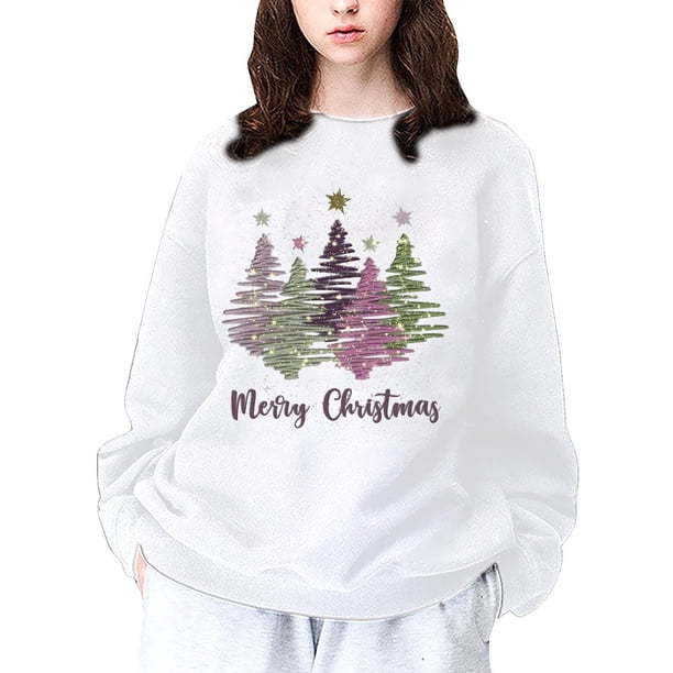 Sudaderas de historia Gibobby para Mujer Suéter navideño de manga larga con hombros descubiertos y estampado de Árbol de Navidad colorido informal para Mujer Blanco XL