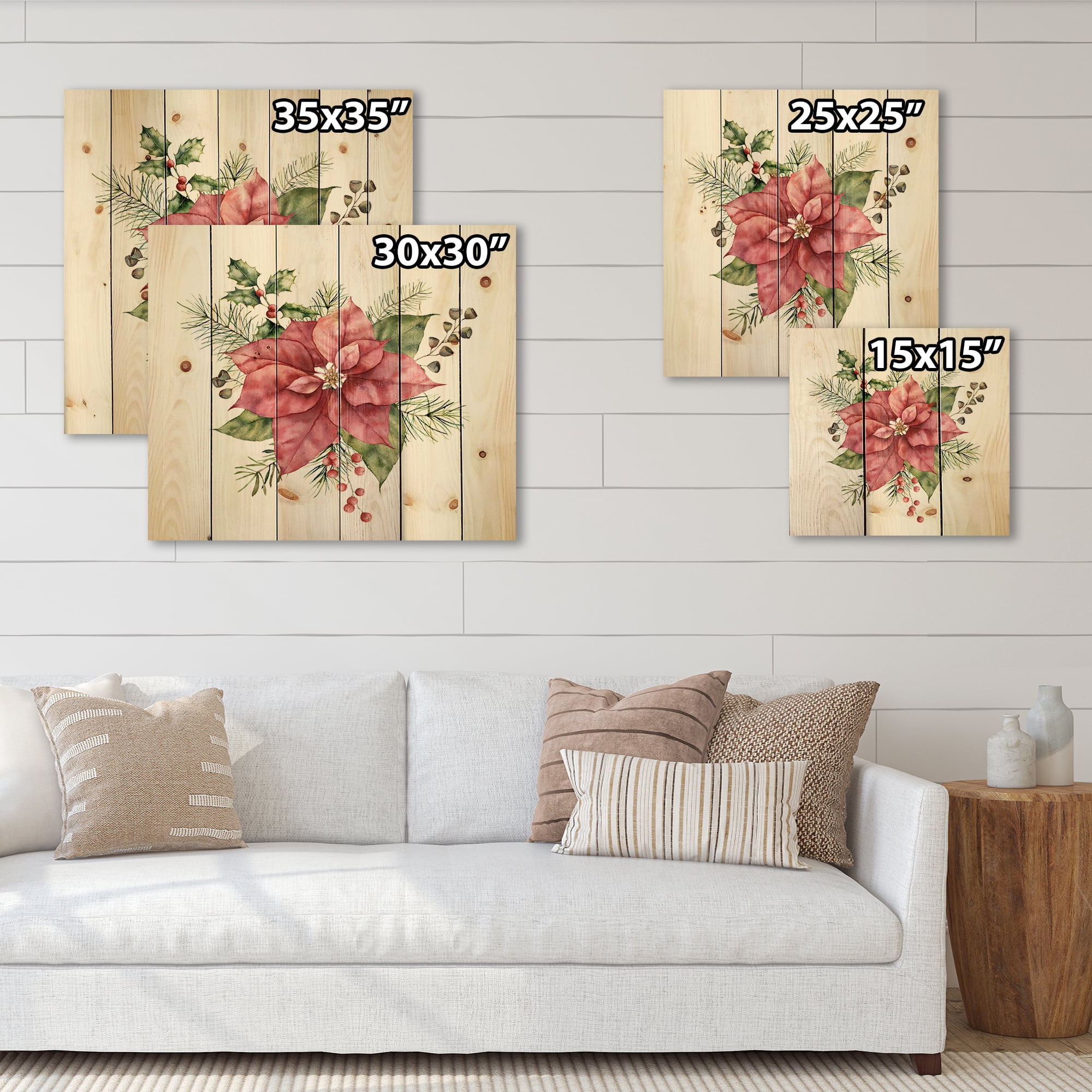 Designart 'Christmas Fir Branch and Holly Mistletoe Berries II' Traditional Print on Natural Pine Wood