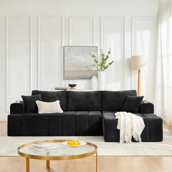 Leumius 108" L-Shaped Sectional Sofa,Chenille Boneless Couch, Modern 3-Seat Upholstered Cloud Couch Sectional with Deep Seat and Cup Holders for Living Room,No Assembly Required,Black