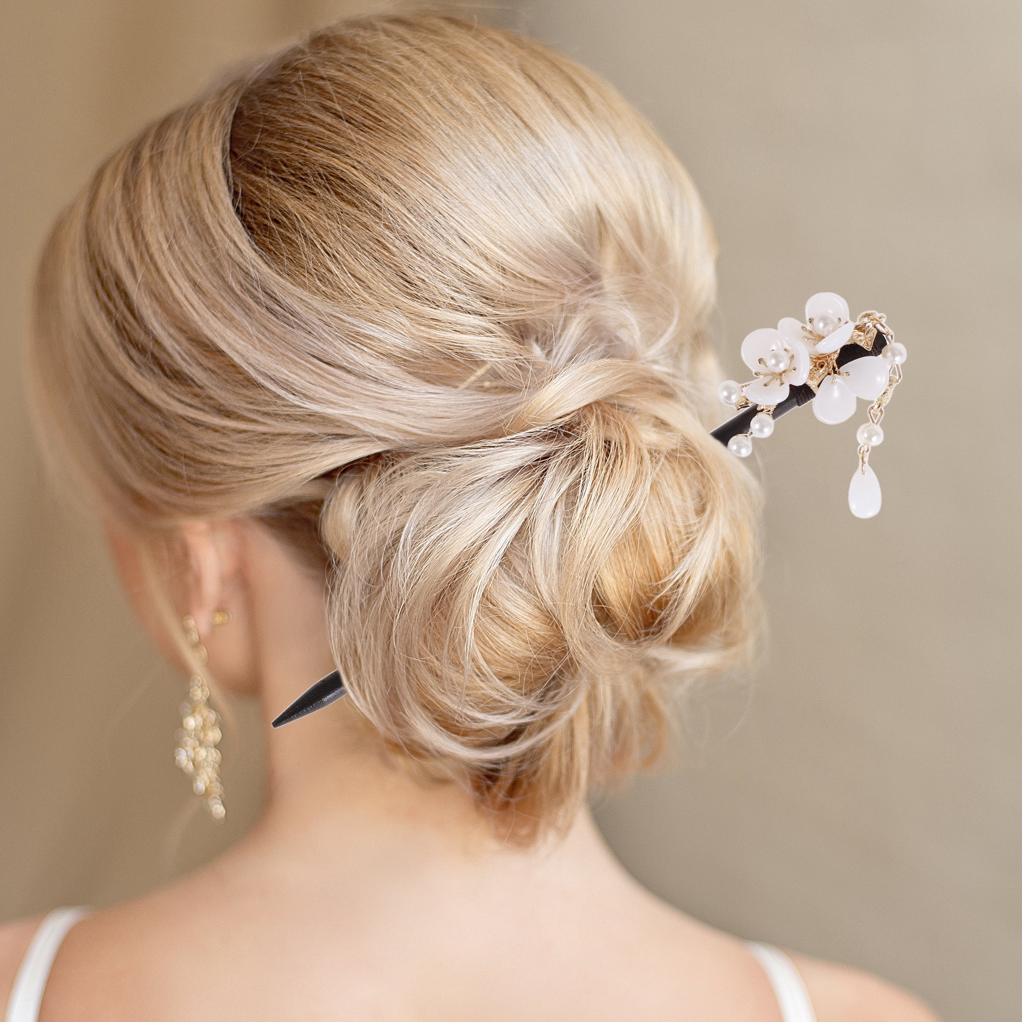 Unique Bargains Three-petal Flower Tassel Hair Chopstick for Women 1 Pc Black, White