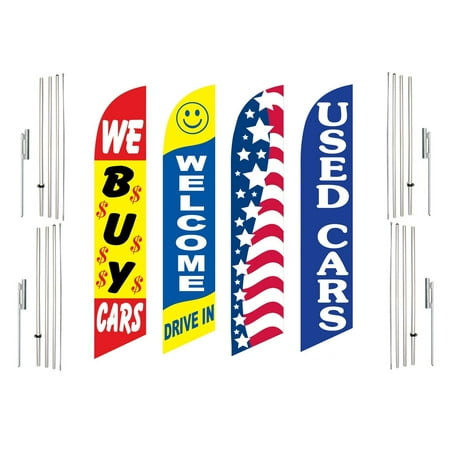 4 Swooper Flags With 4 Pole Kits We Buy Cars Welcome Drive In Patriotic Used Cars