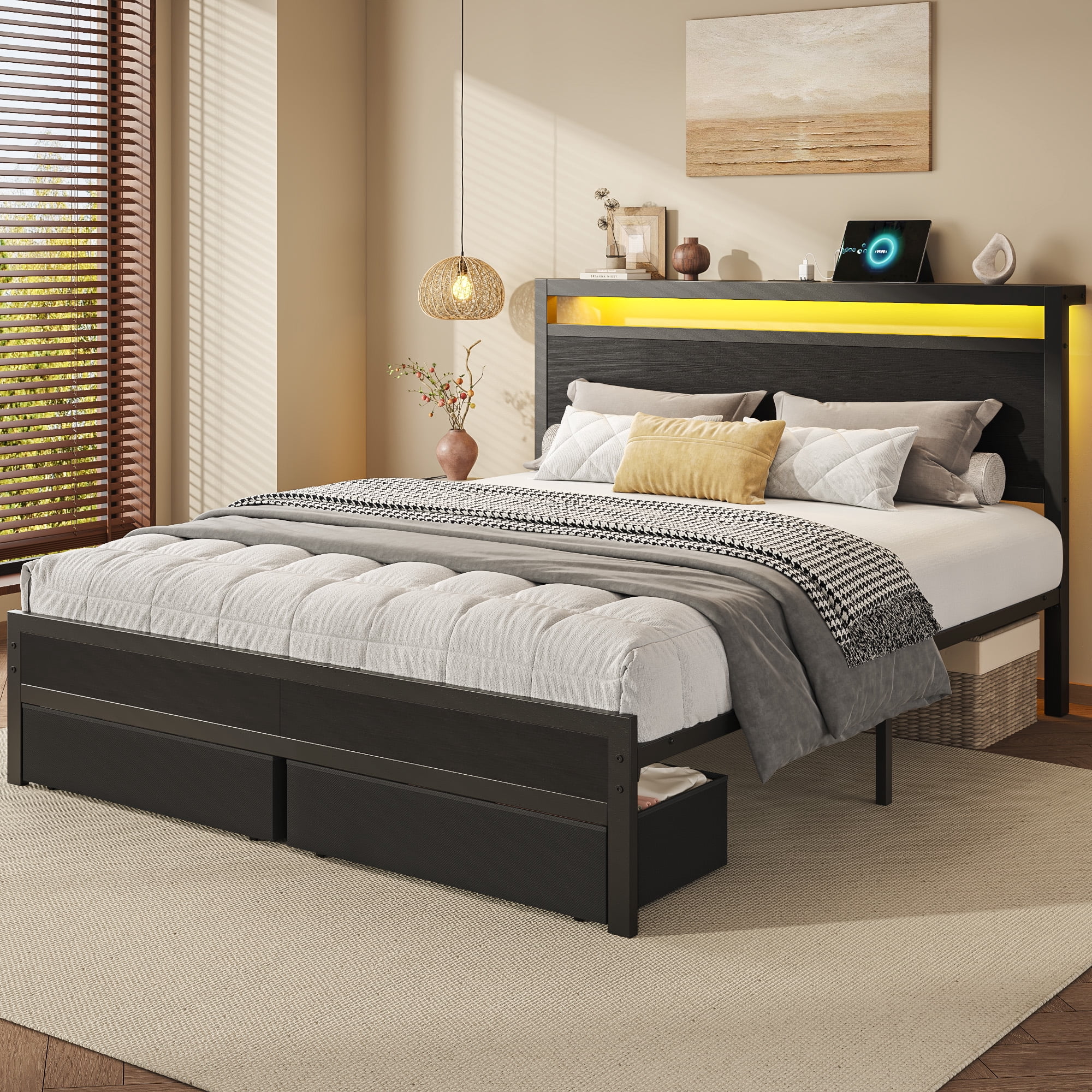 Queen Bed Frame with Headboard & Footboard, Bed Frame with Built-in Charging Station & LED Light, 2 Drawers, Storage Shelf, Noise-Free, No Box Spring Needed, Easy Assembly, Classic Black