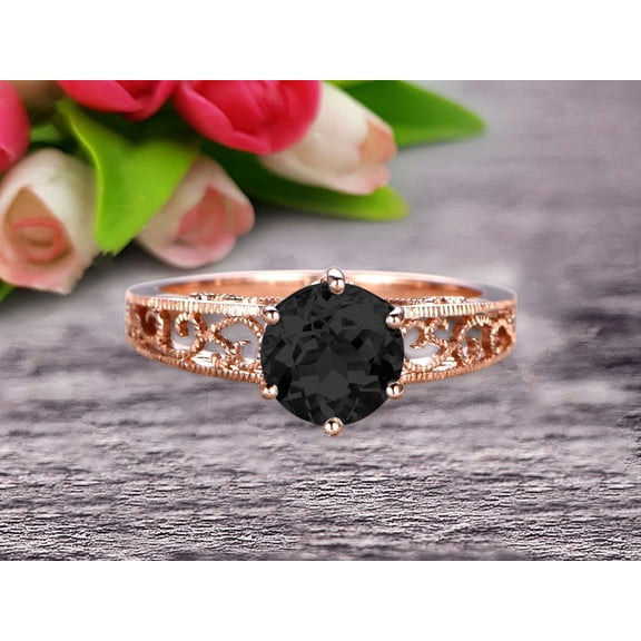 Round Cut 1.50 Carat Black Diamond Moissanite Engagement Ring Anniversary Gift 10k Rose Gold Art Deco