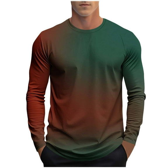 Men's Long Sleeve Gradient T Shirt Casual Crewneck Casual Pullover Tops Olive Green XL