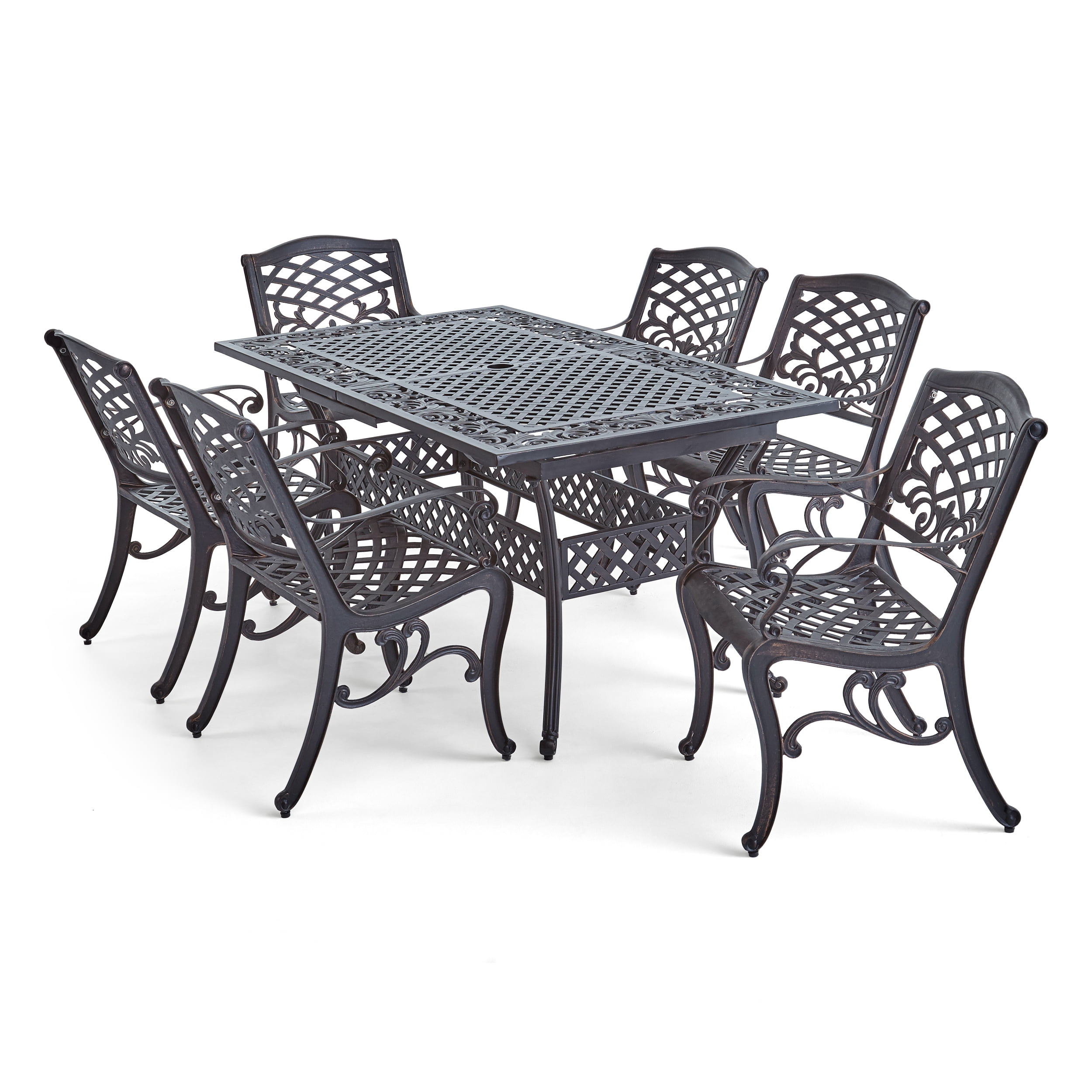 Kinley Outdoor 64 Inch to 81 Inch 7 Piece Cast Aluminum Dining Set with Expandable Table, Shiny Copper