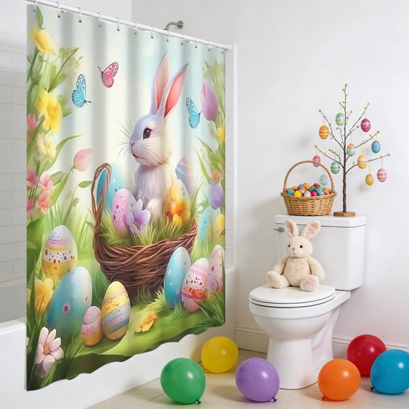 Easter Bunny Floral Shower Curtain - 70x47 in with 12 Hooks, with Colorful Eggs, Butterflies, and Flowers - Cute Spring Bathroom Decor for Kids, Family and Guests