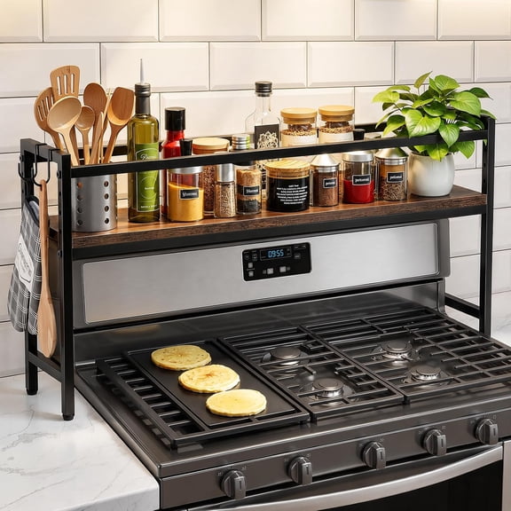 Nuovoware Over the Stove Shelf, 32.6x6.5x15.4, Brown Black，Adjustable Height, Stove Top Spice Rack Organizer, Wood Metal, 2 Hooks, Easy to Assemble