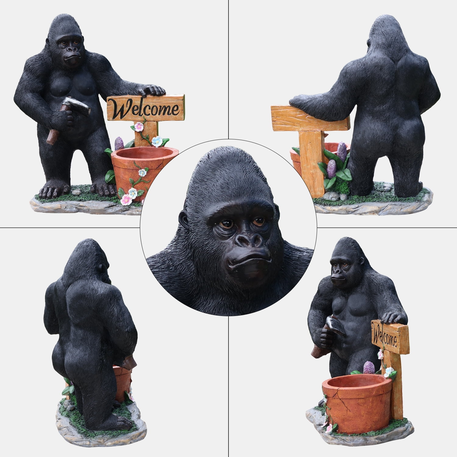 Aukfa Gorilla Garden Statue with Planter and Welcome Sign, Resin Outdoor Animal Sculpture with Built-In Flower Pot for Patio, Lawn, Porch, Entryway, Backyard Decor (Standing)
