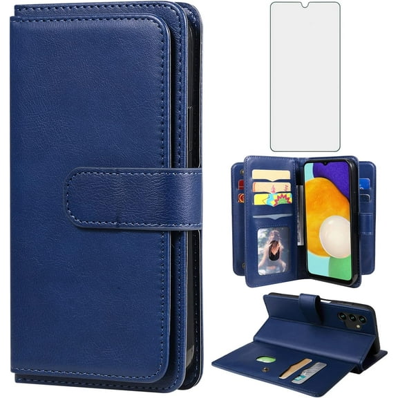 Compatible with Samsung Galaxy A13 4G Wallet Case and Tempered Glass Screen Protector Flip Cover Credit Card Holder Cell Accessories Folio Purse Phone Cases for Gaxaly A13 Galaxies 13A Women Men Blue