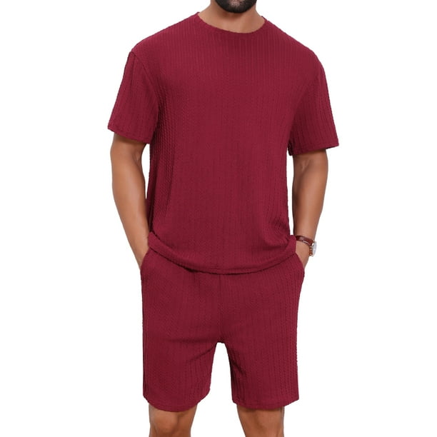 INSPIRAR CHIC Camiseta de Cuello Redondo Texturizada Casual para Hombre y Pantalones Cortos Conjuntos de 2 Piezas XL Burdeos