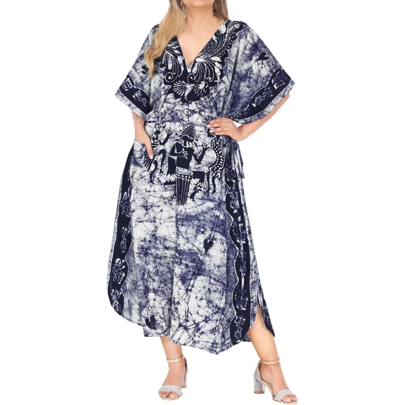 LA LEELA Women's Summer Pocket Nightgown Batik Caftan for Womens Sleepwear Long House Loungewear Dashiki Dress 1X-2X Tribal, Blue