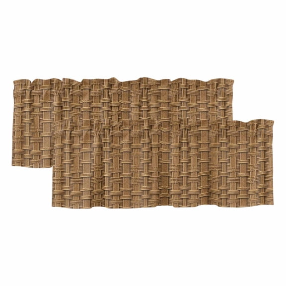 Vintage Rattan Curtain Valances for Windows, Kitchen Valance Window Treatments Panel 2 Pack, Minimalist Abstract Wicker Texture Brown Rod Pocket Short Curtains for Bathroom Bedroom 42 x 12 Inch