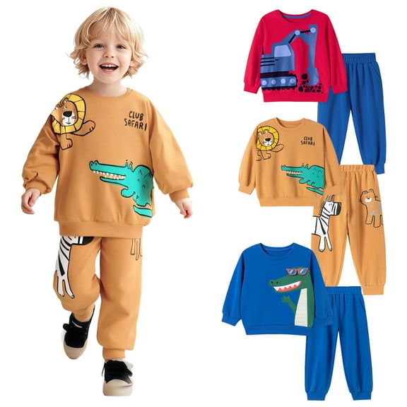 Emy Dola 2-7 Years Little Boys Long Sleeve Sweatshirt Tops and Pants Outfits Kids Casual Cotton Cartoon Crocodile Excavator Prints Pants Outfits