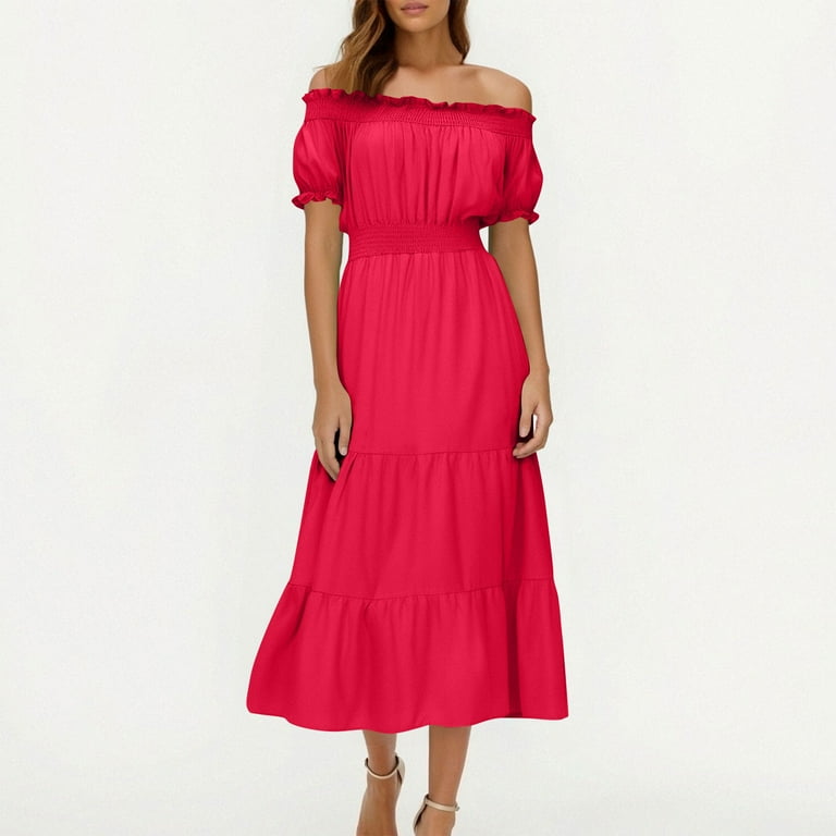 Red Short Sleeve Off One Shoulder for Women Fall Summer Maxi Long Formal  Date Night Evening Dressy Concert Elastic Waist Basic Dresses Homecoming ...