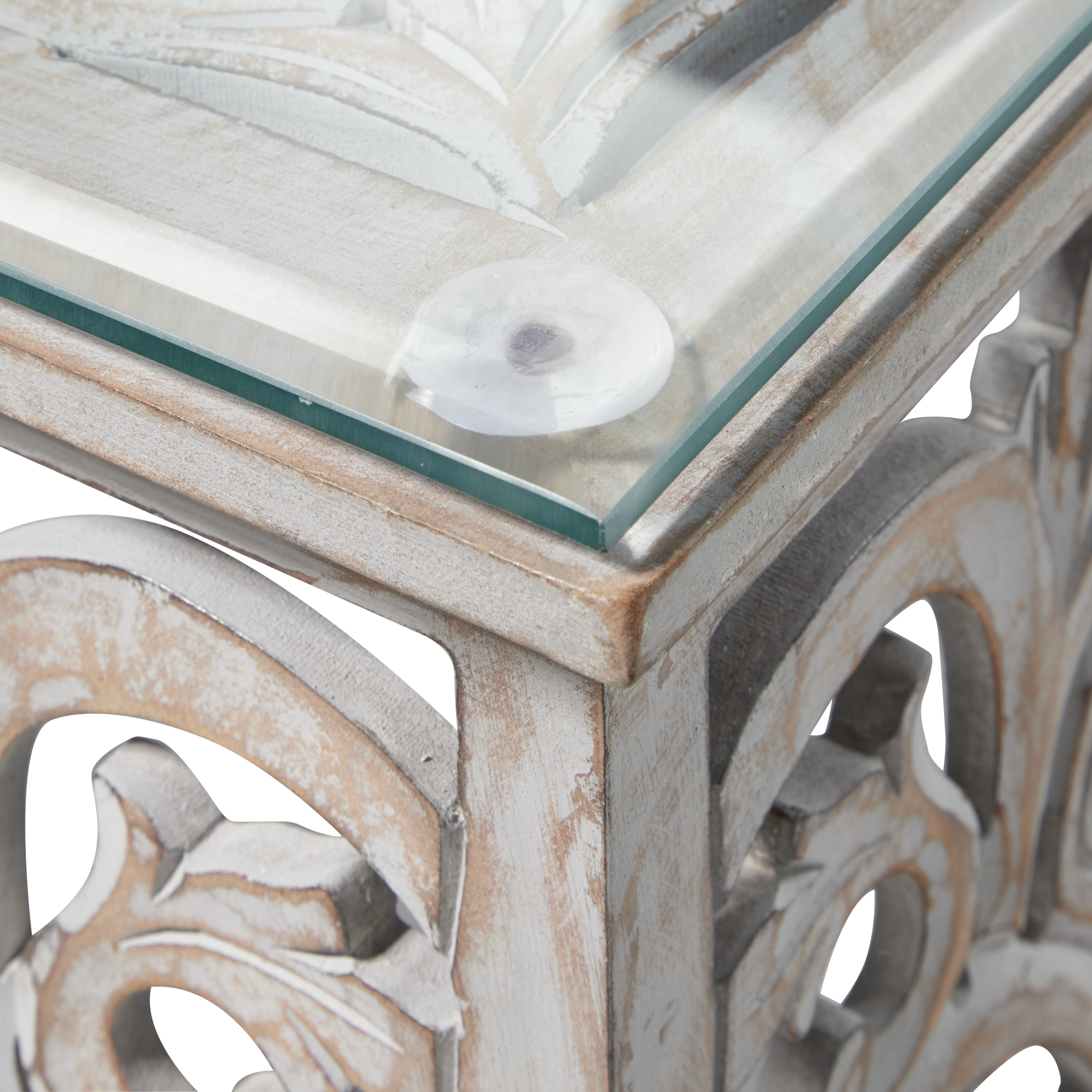 DecMode 36" x 19" White Wood Handmade Intricately Carved Floral Coffee Table with Clear Glass Top, 1-Piece