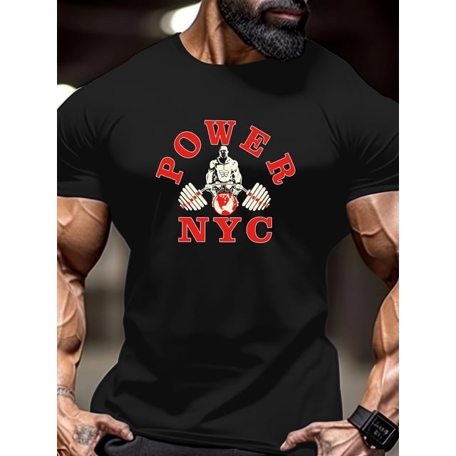 POWER NYC T-Shirt Graphique 1 Pce Col Rond Décontracté pour Hommes - Tissu Polyester Léger Extensible, Coupe Régulière pour Adultes, Tee-Shirt d'Entraînement d'Été