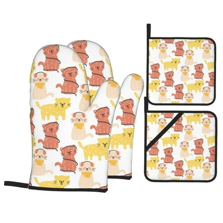 

Oven Mitts and Pot Holders 4 pcs Set Cute Painted Cartoon Cat Heat Resistant Pot Holders Oven Mitts for kitchen Non-Slip Hanging Loop Oven Glove Potholders for Baking Cooking