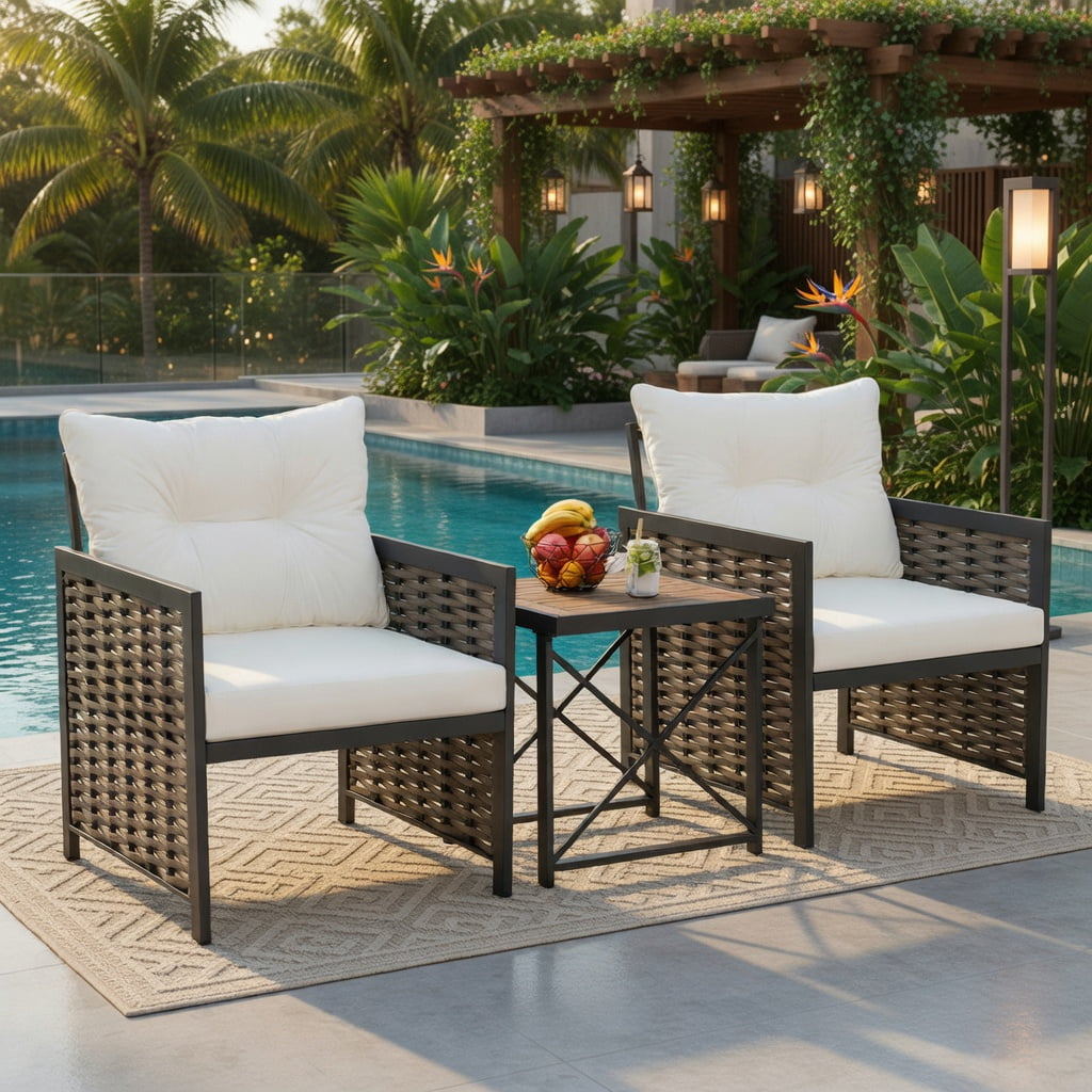 Hommoo 3-Piece Outdoor Rattan Patio Furniture Set, 2 Armchairs + Coffee Table with Acacia Wood Top, Brown PE Rattan & Black Metal Frame, White
