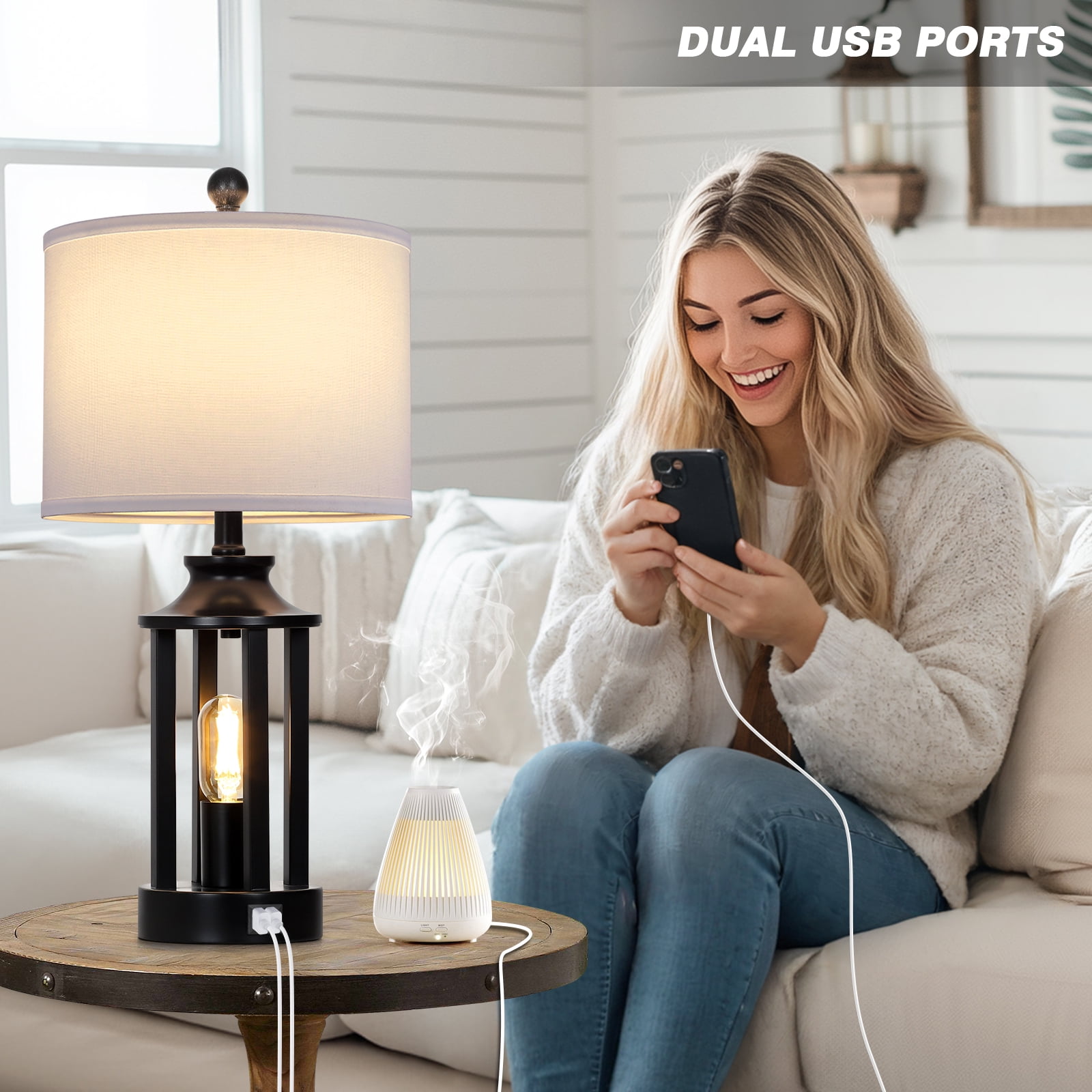 Cinkeda Modern Table Lamp Set of 2 with USB Ports 3 Way Dimmable Nightlight Industrial Black Bedside Lamps for Bedroom Living Room