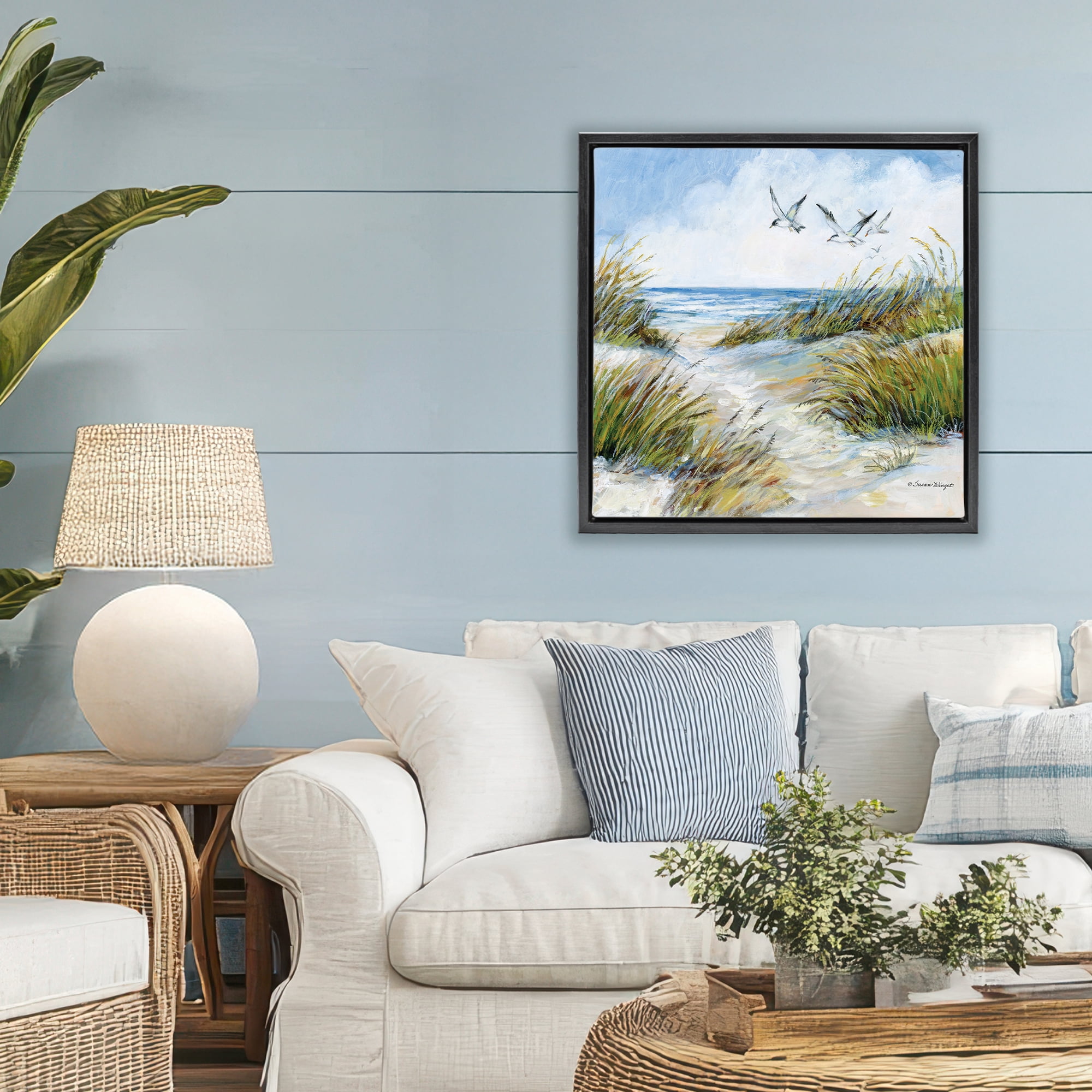 Stupell Industries Beach Path Seagulls Overhead Black Framed Floater Canvas Wall Art, design by Susan Winget