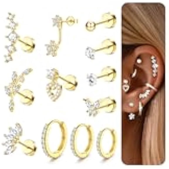 ZLC16 Gauge Cartilage Earrings for Women - 14K Gold Plated Flat Back Earrings Hypoallergenic Surgical Stainless Steel Stud Hoop Cartilage Earrings Set Daith Conch Tragus Helix Piercing Jewelry