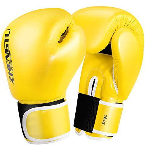 Yellow & Blak Leather Pro Boxing Training Gloves Size 12 OZ Kickboxing Muay Thai 