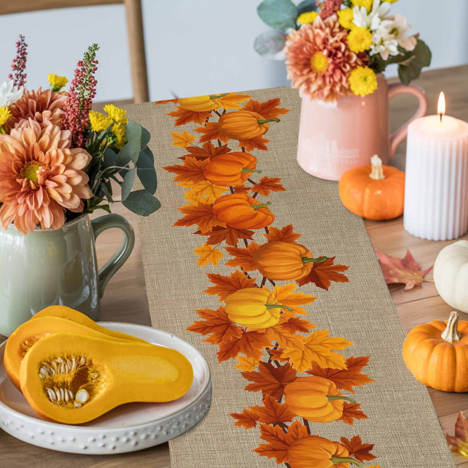 Fall Thanksgiving Cotton Linen Table Runner, Washable Table Runners for Kitchen, Dining Room, Holiday, Home Party Table Decor, 13x120 Inches