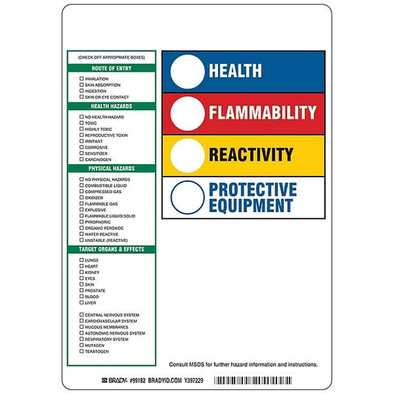 Brady Rectangle HMIG Reactivity Label 10"H x 7-1/4"W, Multicolor, Pk100 99182