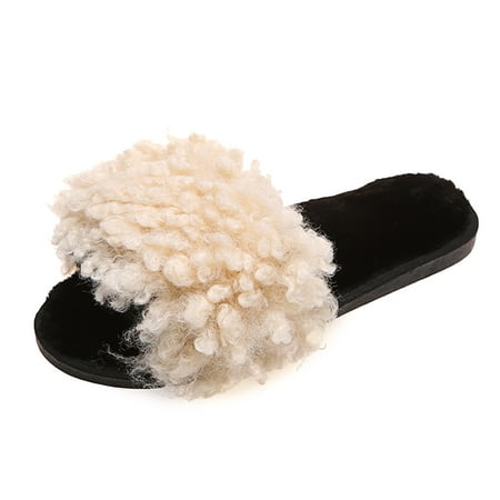 

Youmylove Women Slippers Fashion Lamb Wool Open-Toe Solid Color Warm Flat Cotton Slippers Leisure Ladies Cozy Daily Walking
