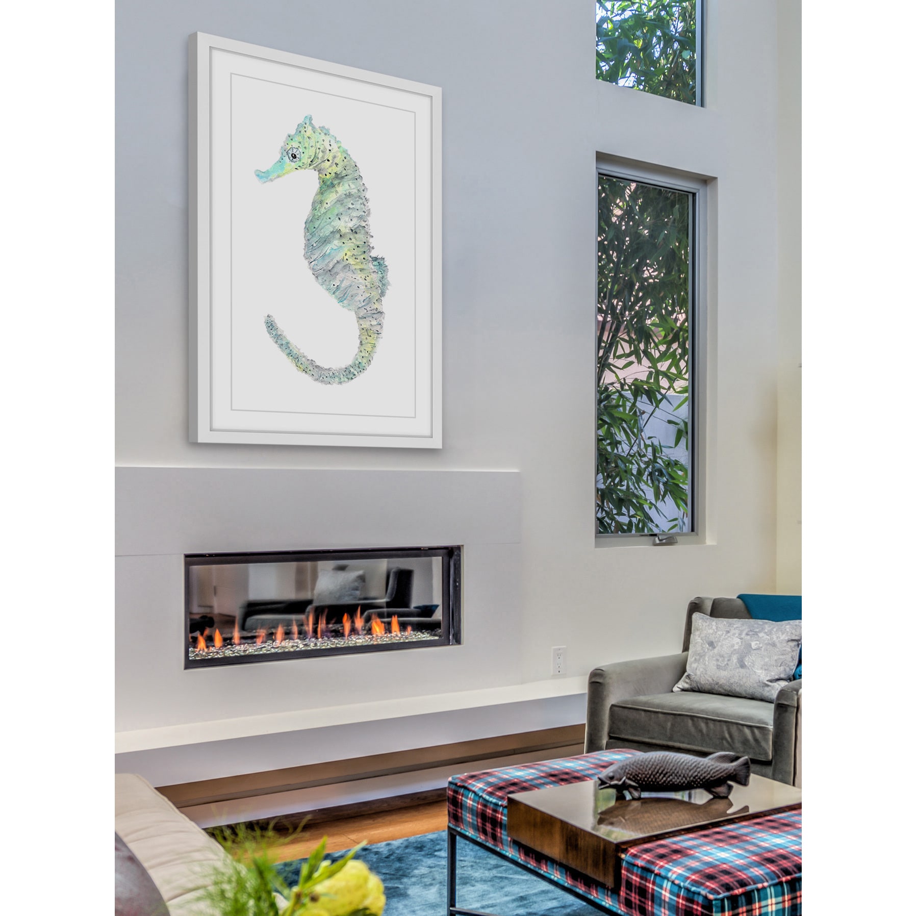 Marmont Hill "Teal Seahorse" by Thimble Sparrow Framed Painting Print