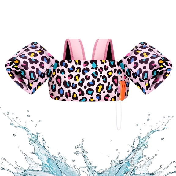 HeySplash Kids Swim Vest with Adjustable Strap Fit 30-44 Lbs Kids,Arm Floaties Water Wing Children Learn to Swim, Puddle Sea Beach Jumper,Pastel Leopard Print
