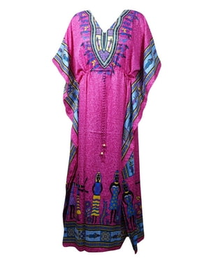 Mogul Women Pink Dashiki Tribal Print Maxi Caftan V-Neck Kimono Sleeves Resort Wear Beach Cover Up Summer KAFTAN Dress One Size