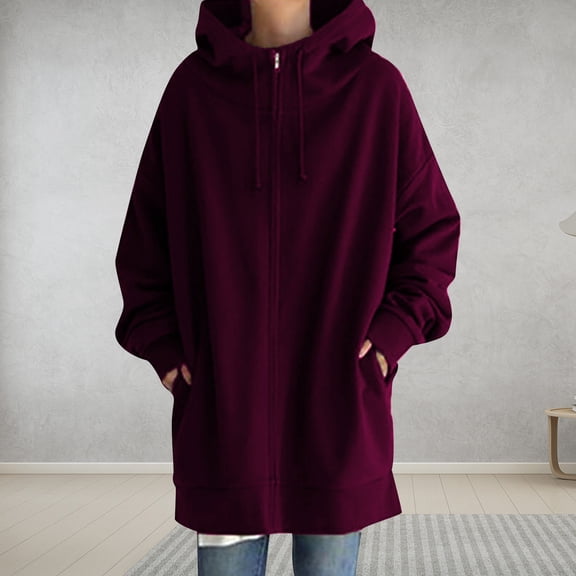 Brilliant Winter Jackets for Women Athletic Women's Solid Color Hoodie Zipper Long Sleeve Sweatshirts Long Coat Tops with Pockets Purple M