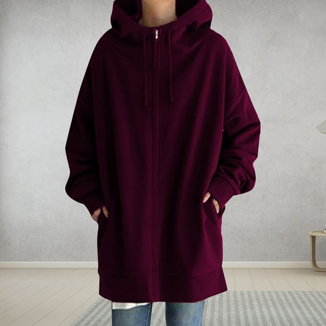 Meichang Womens Fall Winter Warm Zipper Open Fleece Hoodies Sweatshirt Long Jacket Drawstring Coat Jacket Tops Outwear Plus Size