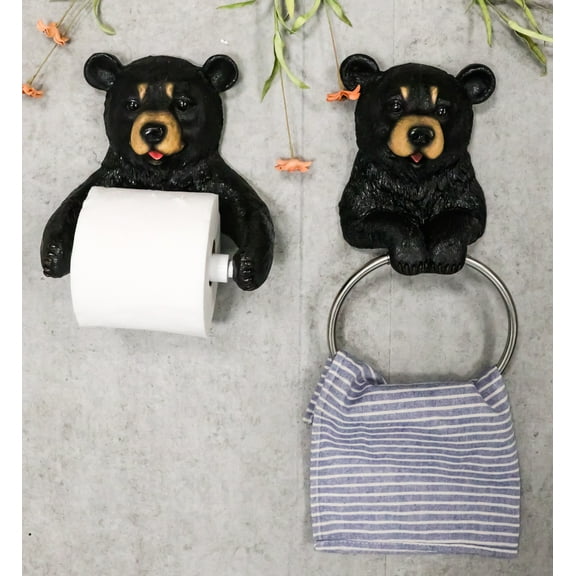 Ebros Whimsical Black Bear Toilet Paper and Hand Towel Holder Set Bathroom Decor