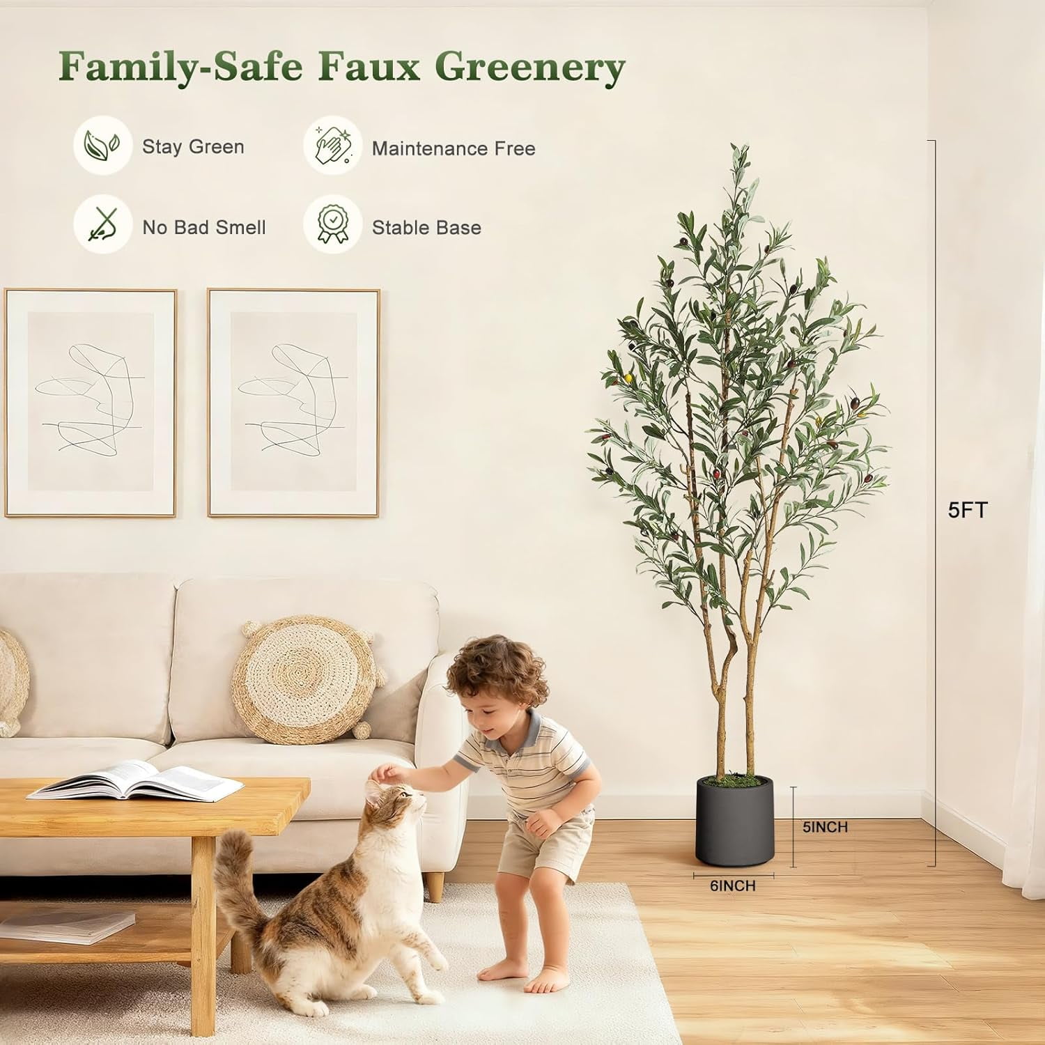 Artificial Olive Tree for Indoor Decor, Faux Olive Plant with Natural Wood Trunk, Planter & Green Moss, Lifelike Fake Tree for Home or Office Display