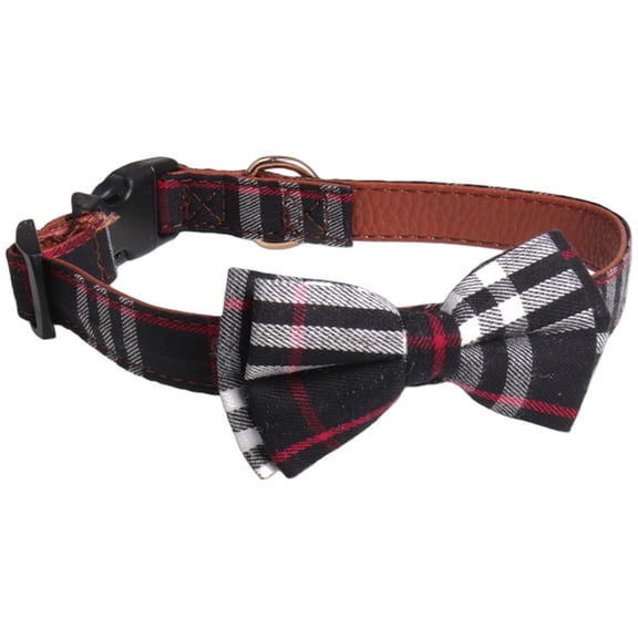 Plaid Pet Collar with Detachable Bow Tie Adjustable Classic British Style Collar for Small Medium Pets-Black-S
