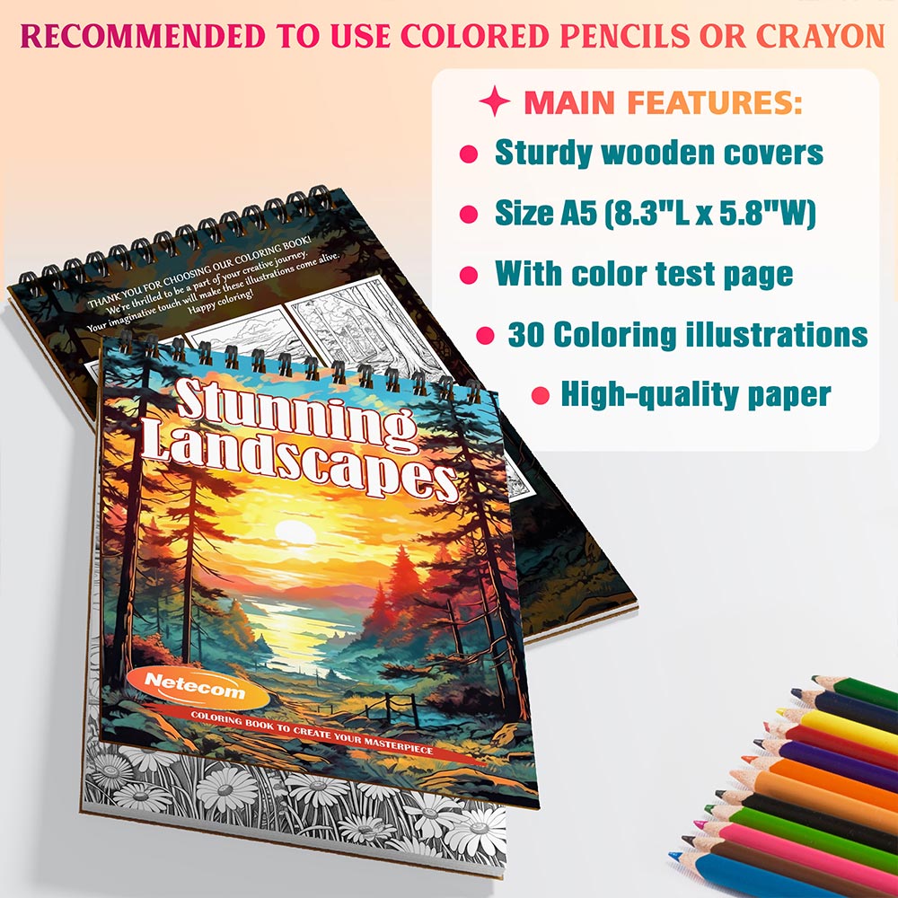 Stunning Landscapes Coloring Book Spiral Bound For Adults, A5 Wooden Cover, 30 Serene Coloring Pages of Gorgeous Outdoor Scenes for Stress Relief and Relaxation