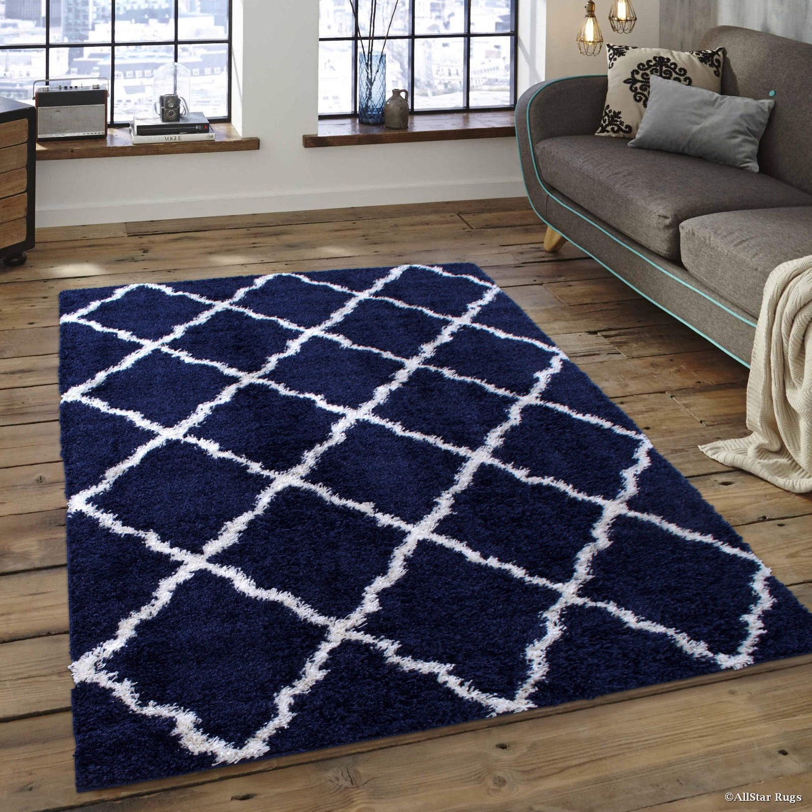Posh Rugs Allstar Modern Contemporary Denim High Pile Posh Shaggy Trellis ...