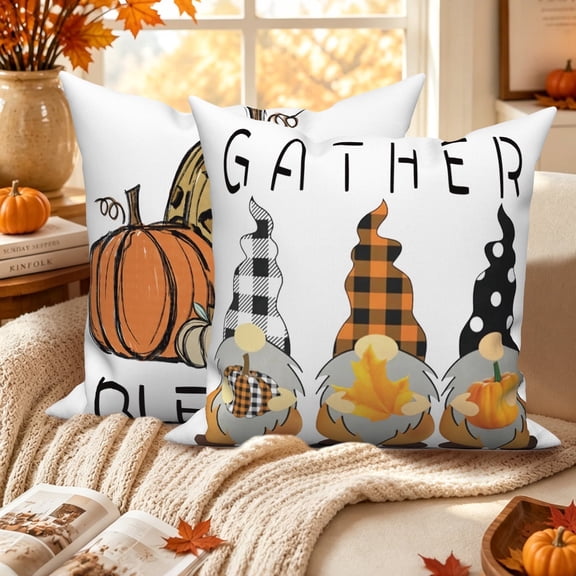 Fall Thanksgiving Throw Pillow Covers 18x18 Set of 2 Double-Sided Blessed Pumpkin and Gather Gnomes Soft Cushion Covers Farmhouse Autumn Decor