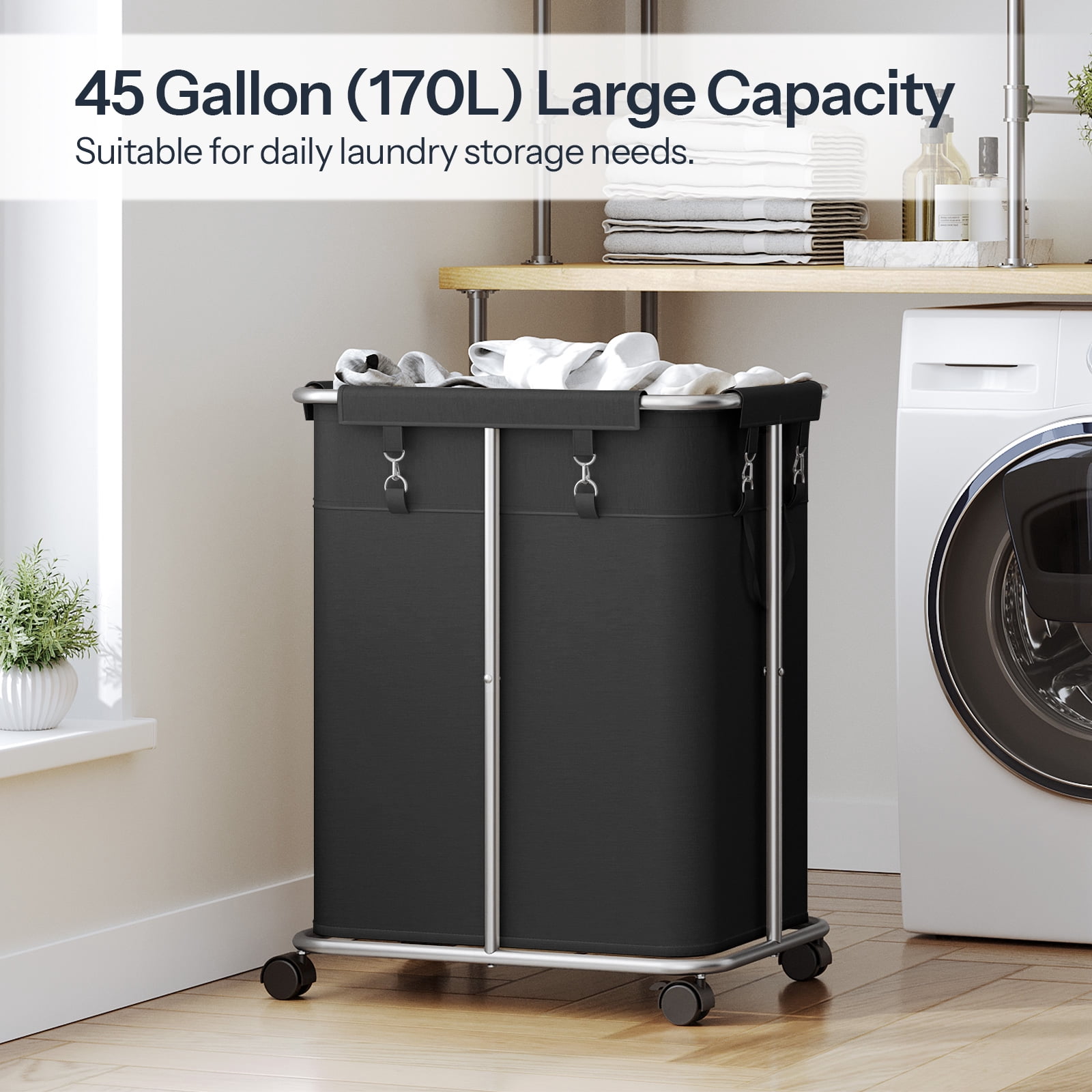 HOOBRO 170L Laundry Basket with Wheels, 45 Gallons Rolling Laundry Hamper, Narrow Slim Laundry Sorter with Removable Oxford Fabric Bag, Laundry Room, Dorm Room, Bedroom, Black BB05XY01