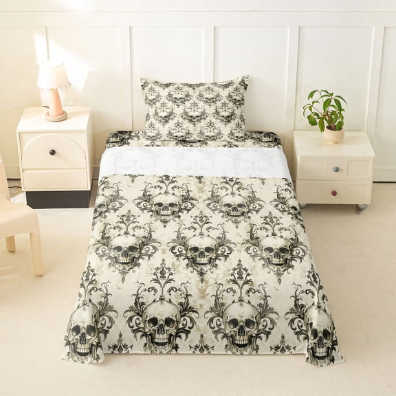 Homewish Boho Skull Skeleton Twin Sheets,Hipple Damask Bedding,Beige,3pcs,1 Fitted Sheet and 1 Pillowcase
