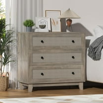 FANRAL Rattan Large Nightstand,27.6"H Wood Tall Night Stand,Wide Modern 3 Drawers,Boho Bedside Table Narrow Side Table for Bedroom Living Room,Gray Night Stand